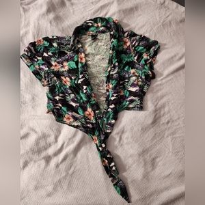 Dark tropical button up tie front shirt